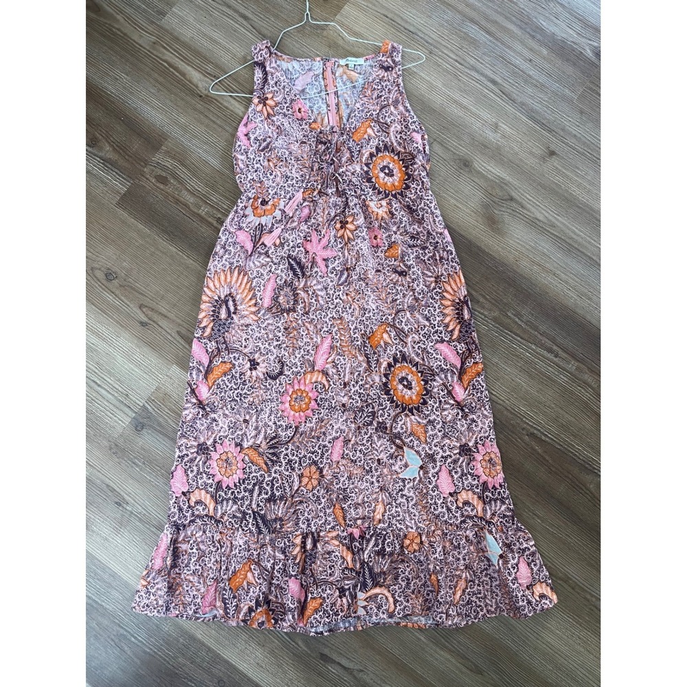 Madewell Floral Batik Lace Up Tassel Midi Dress Pink Orange Size 4 - Picture 8 of 11